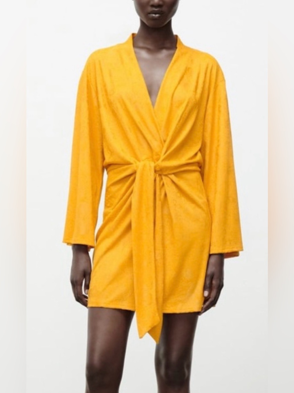 NEW Zara long sleeve jacquard tie front mini dress NWT gold M